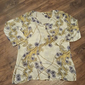 Peace Works Cream Sheer Silk Tunic With Blue Yellow Floral Boho MCM A39